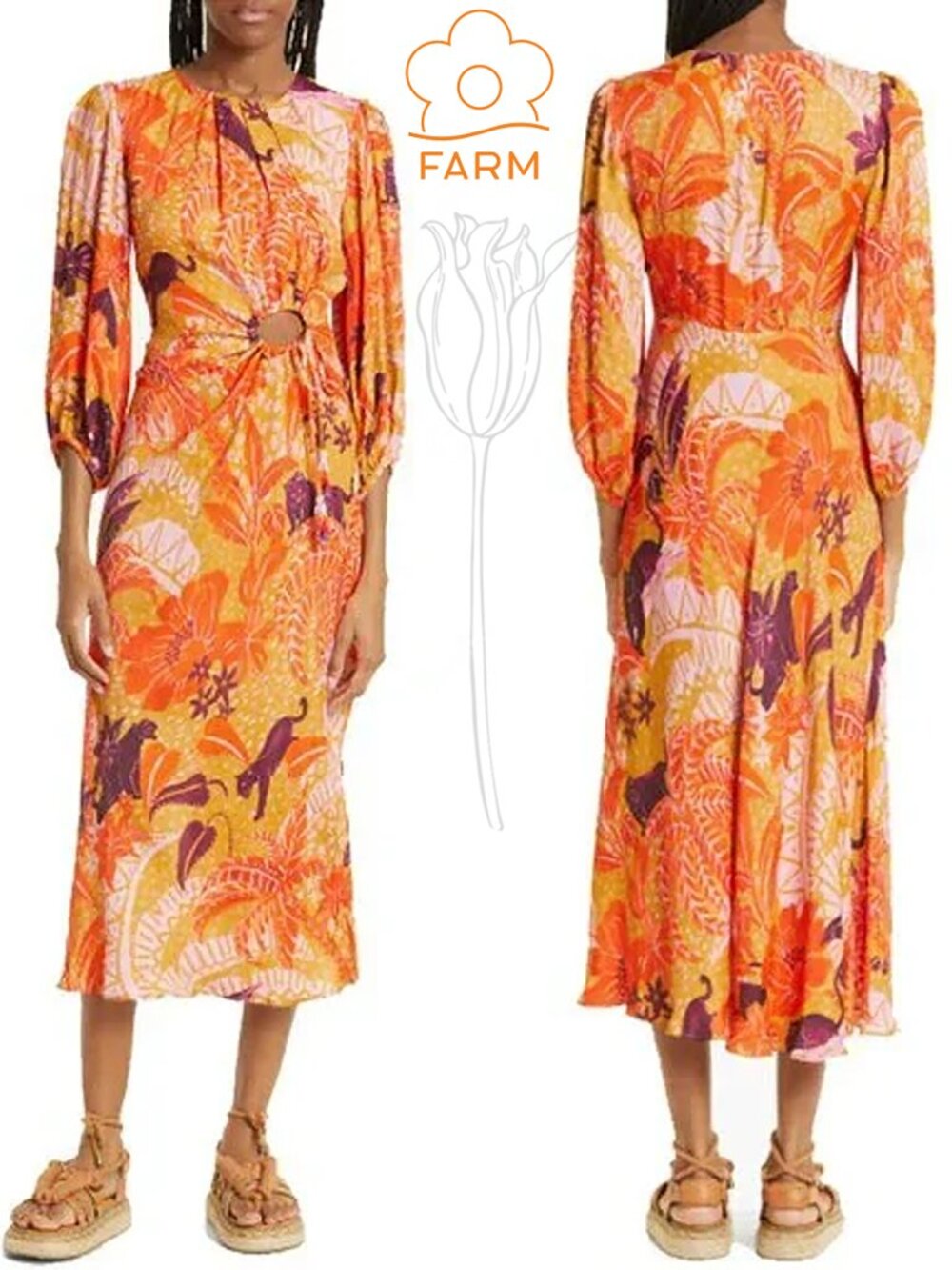 FARM RIO Jungle Panther Cutout Balloon Sleeve Dress